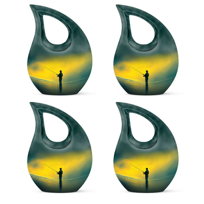 Royal Gold Fishing Cremation Urn lifestyle display on memorial shelf - faith-inspired cross-drop urn with fishing pattern - 10 inch aluminum urn for cremated remains