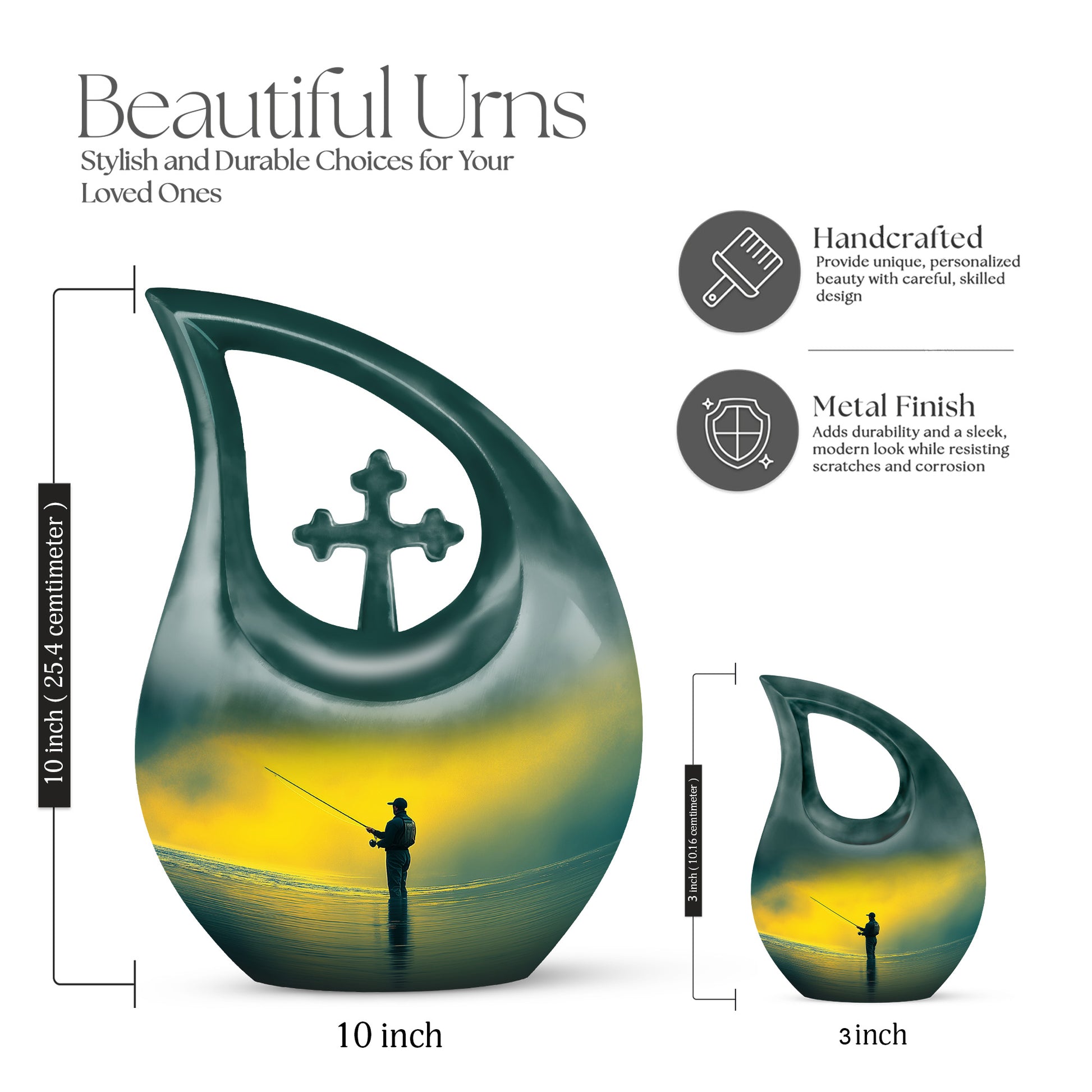 Burnished Gold Fishing Cremation Urn back view with polished surface - faith-inspired cross-drop urn with fishing pattern - mini keepsake memorial for portion of cremation ashes