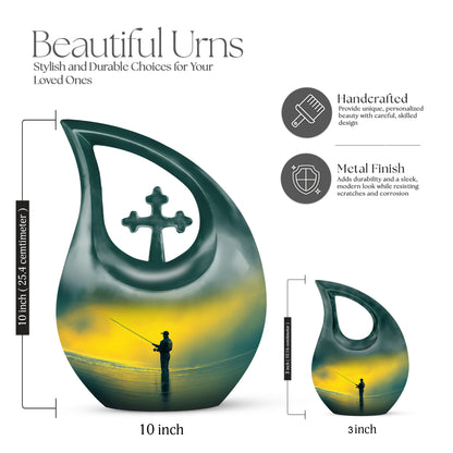 Burnished Gold Fishing Cremation Urn back view with polished surface - faith-inspired cross-drop urn with fishing pattern - mini keepsake memorial for portion of cremation ashes