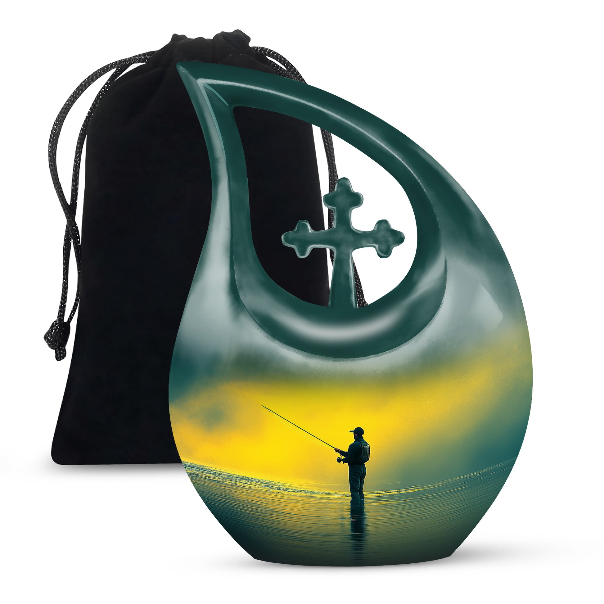 Sunrise Gold Fishing Cremation Urn top-down view of secure threaded lid - cross and fishing combined in spiritual memorial design - full-size 10 inch 200 cubic inch adult cremation urn