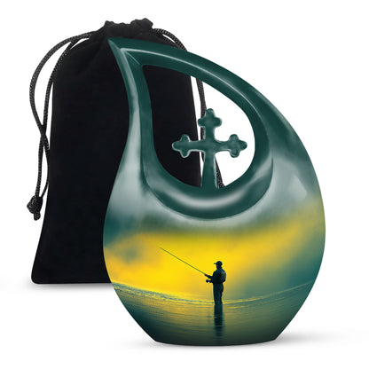 Sunrise Gold Fishing Cremation Urn top-down view of secure threaded lid - cross and fishing combined in spiritual memorial design - full-size 10 inch 200 cubic inch adult cremation urn