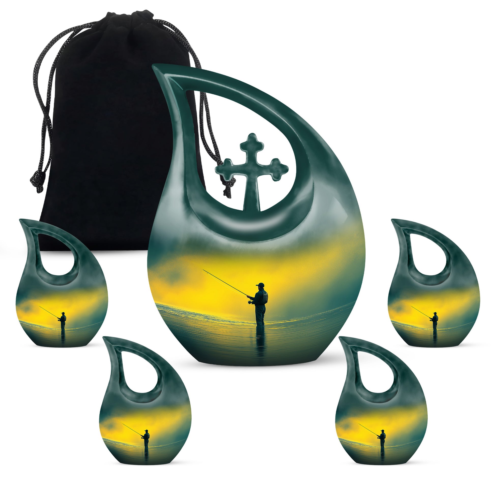 Matte Gold Fishing Cremation Urn urn with complimentary velvet bag - devotional cross-drop fishing engraving - memorial set with one large and four small urns