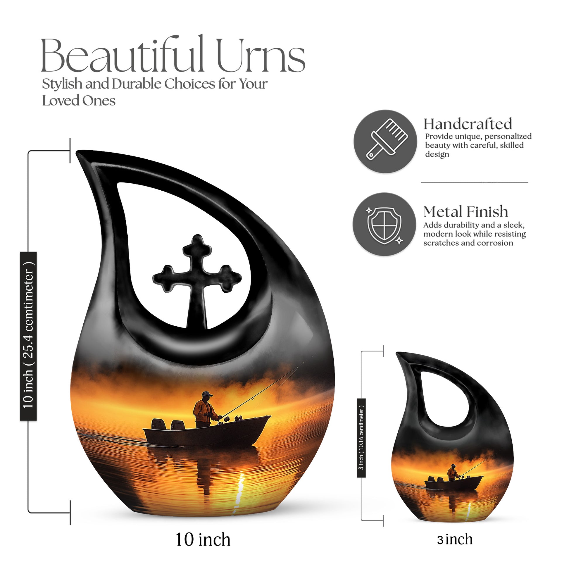 Fiery Red Fishing Cremation Urn back view with polished surface - faith-inspired cross-drop urn with fishing pattern - mini keepsake memorial for portion of cremation ashes