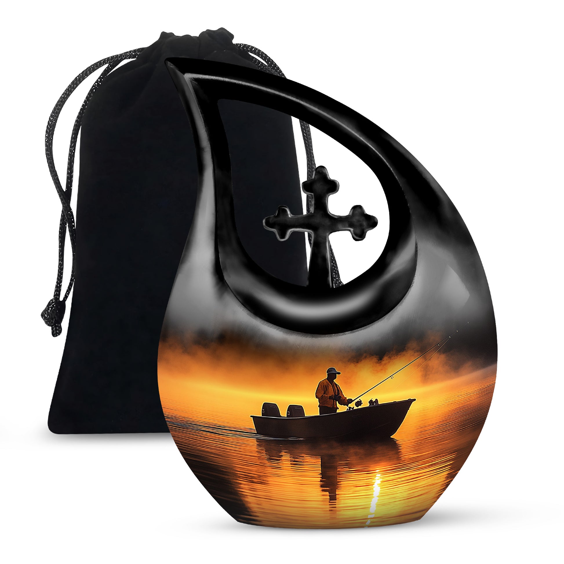 Ruby Red Fishing Cremation Urn top-down view of secure threaded lid - faith-inspired cross-drop urn with fishing pattern - full-size 10 inch 200 cubic inch adult cremation urn