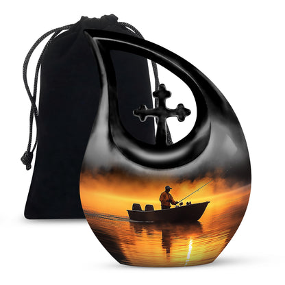 Ruby Red Fishing Cremation Urn top-down view of secure threaded lid - faith-inspired cross-drop urn with fishing pattern - full-size 10 inch 200 cubic inch adult cremation urn