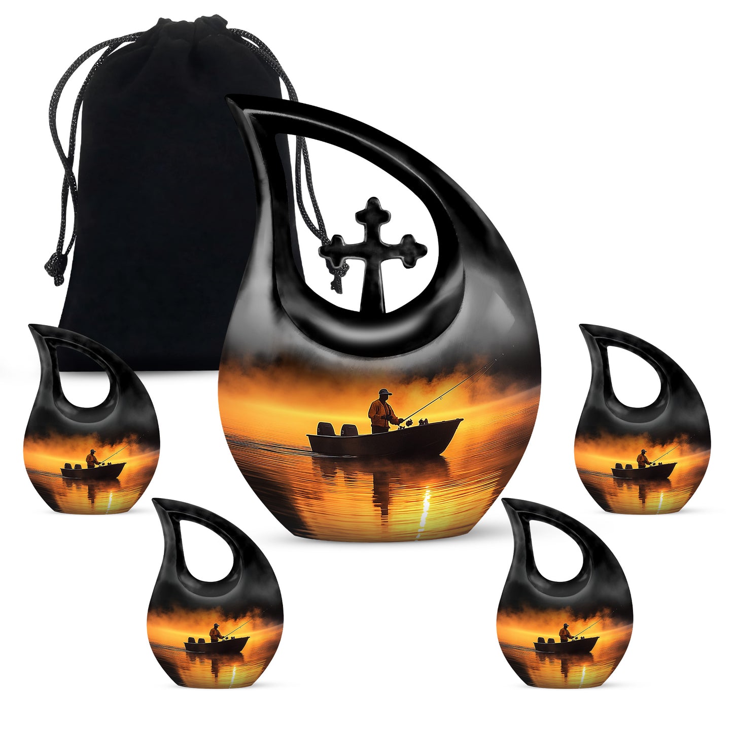 Scarlet Red Fishing Cremation Urn urn with complimentary velvet bag - devotional cross-drop fishing engraving - memorial set with one large and four small urns