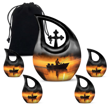 Scarlet Red Fishing Cremation Urn urn with complimentary velvet bag - devotional cross-drop fishing engraving - memorial set with one large and four small urns
