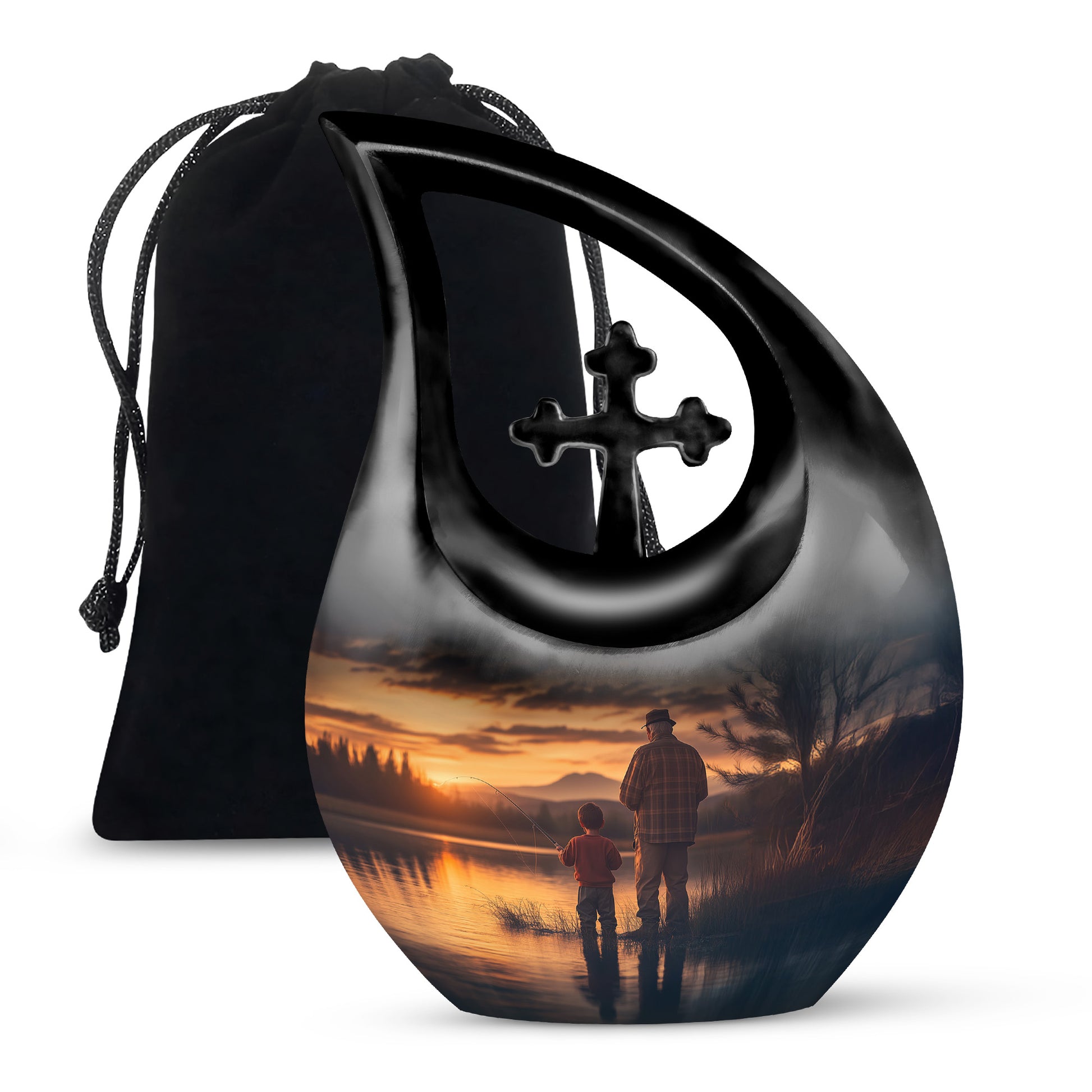 Celestial Blue Fishing Cremation Urn top-down view of secure threaded lid - sacred cross merged with fishing motif on metal - full-size 10 inch 200 cubic inch adult cremation urn