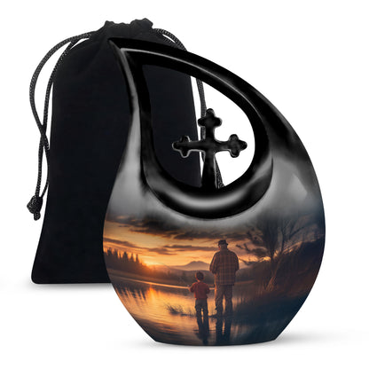 Celestial Blue Fishing Cremation Urn top-down view of secure threaded lid - sacred cross merged with fishing motif on metal - full-size 10 inch 200 cubic inch adult cremation urn