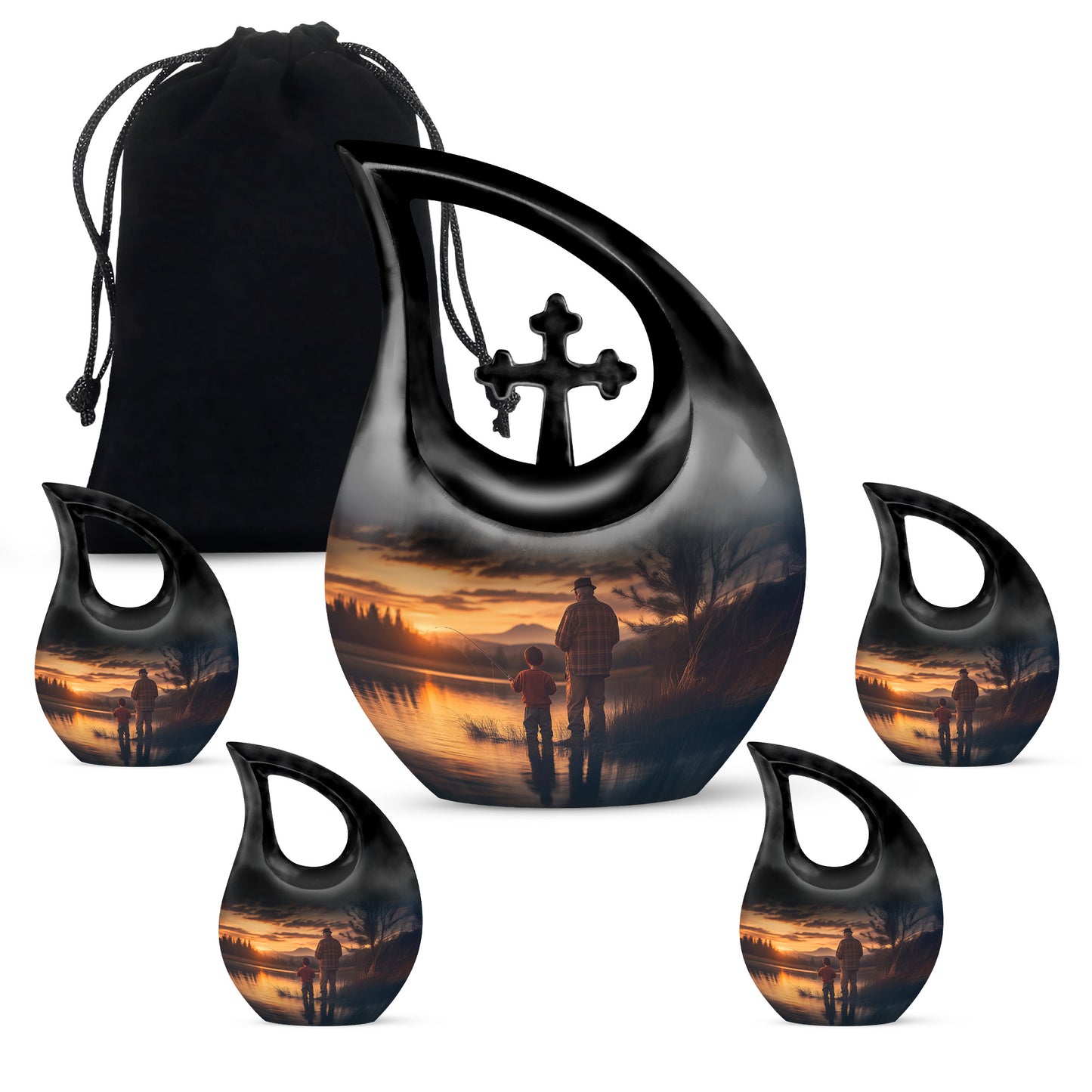 Sapphire Blue Fishing Cremation Urn urn with complimentary velvet bag - faith-inspired cross-drop urn with fishing pattern - memorial set with one large and four small urns