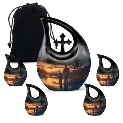 Sapphire Blue Fishing Cremation Urn urn with complimentary velvet bag - faith-inspired cross-drop urn with fishing pattern - memorial set with one large and four small urns