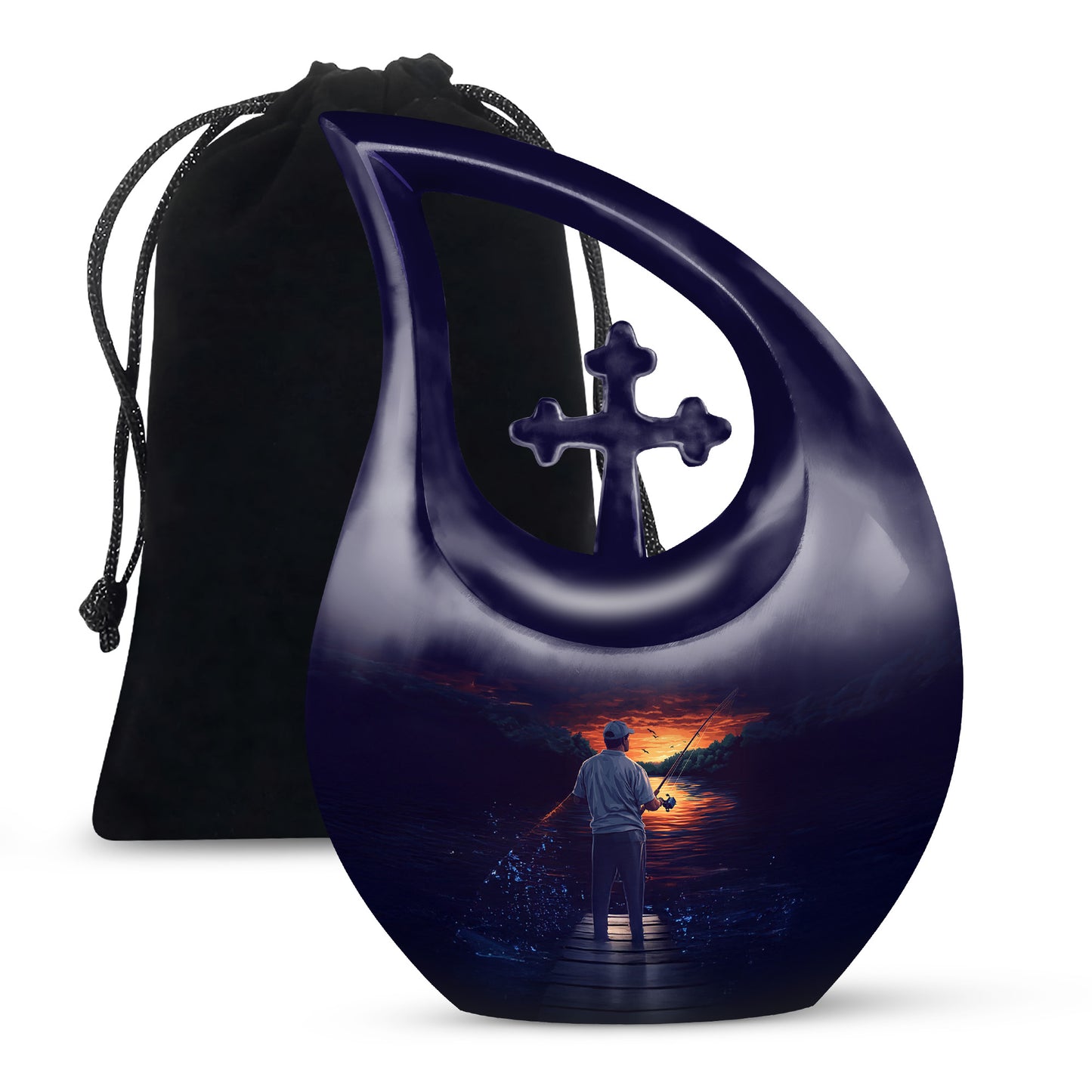 Royal Blue Fishing Cremation Urn top-down view of secure threaded lid - devotional cross-drop fishing engraving - full-size 10 inch 200 cubic inch adult cremation urn
