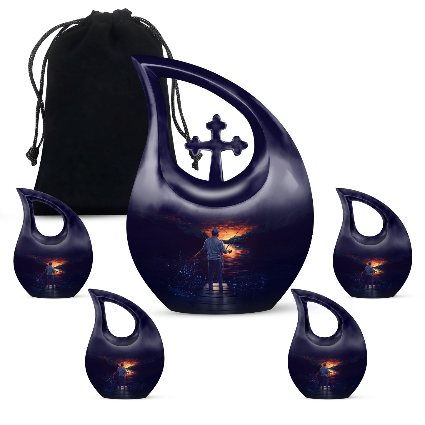 Dusty Blue Fishing Cremation Urn urn with complimentary velvet bag - sacred cross merged with fishing motif on metal - memorial set with one large and four small urns