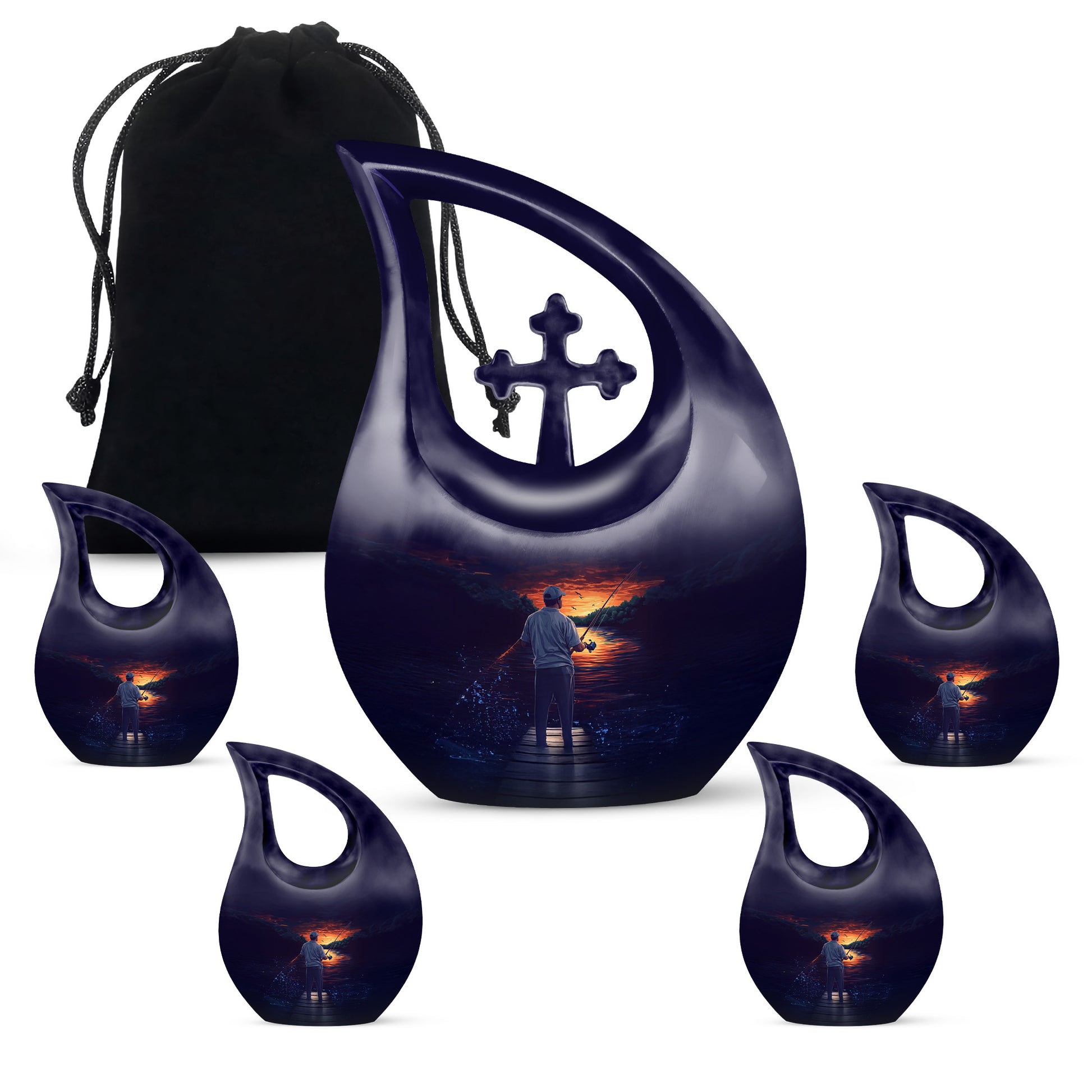 Dusty Blue Fishing Cremation Urn urn with complimentary velvet bag - sacred cross merged with fishing motif on metal - memorial set with one large and four small urns