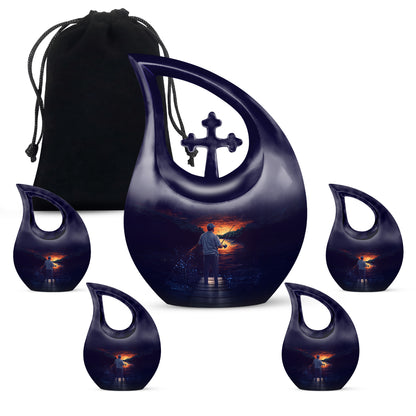 Dusty Blue Fishing Cremation Urn urn with complimentary velvet bag - sacred cross merged with fishing motif on metal - memorial set with one large and four small urns