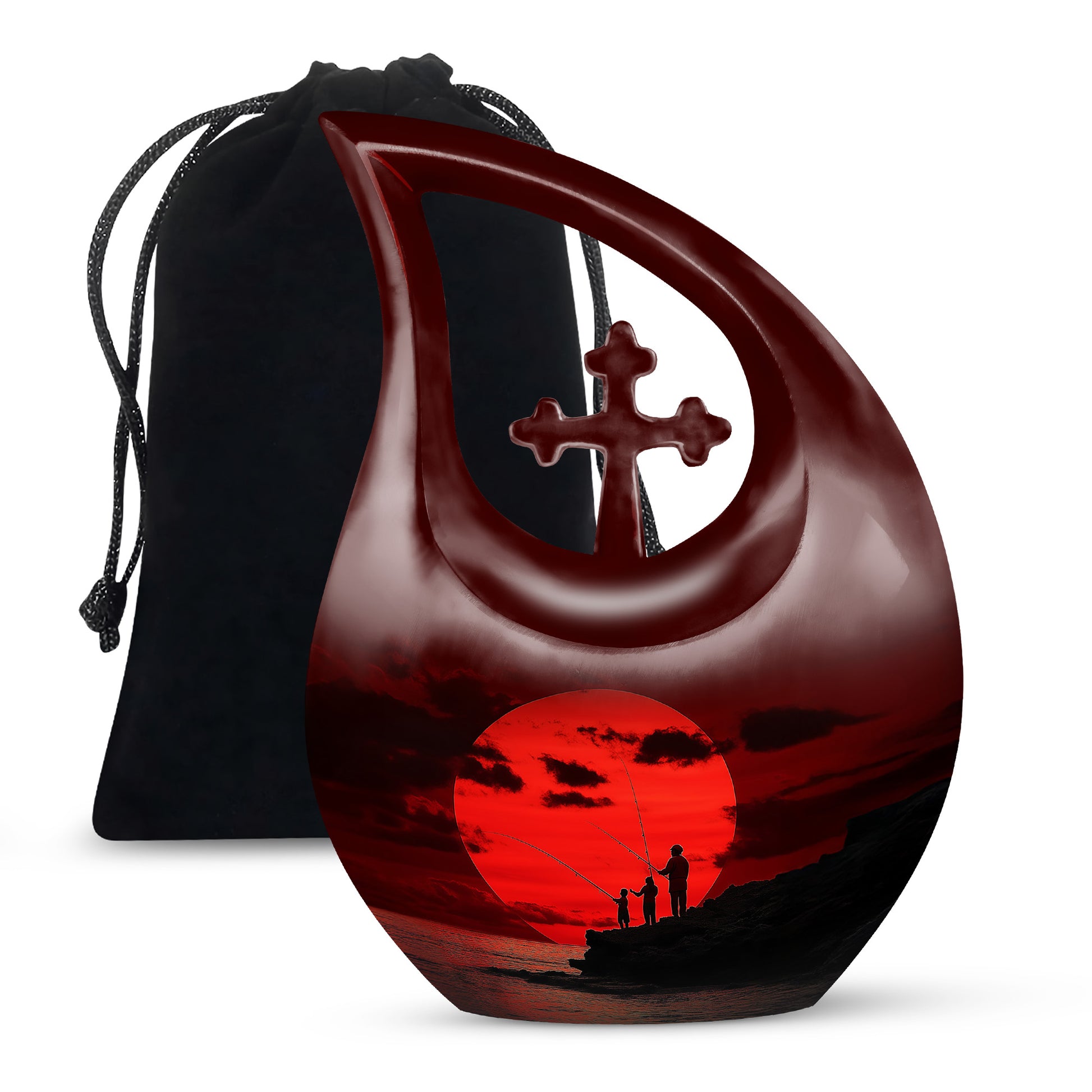 Crimson Red Fishing Cremation Urn top-down view of secure threaded lid - sacred cross merged with fishing motif on metal - full-size 10 inch 200 cubic inch adult cremation urn