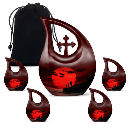 Deep Red Fishing Cremation Urn urn with complimentary velvet bag - sacred cross merged with fishing motif on metal - memorial set with one large and four small urns