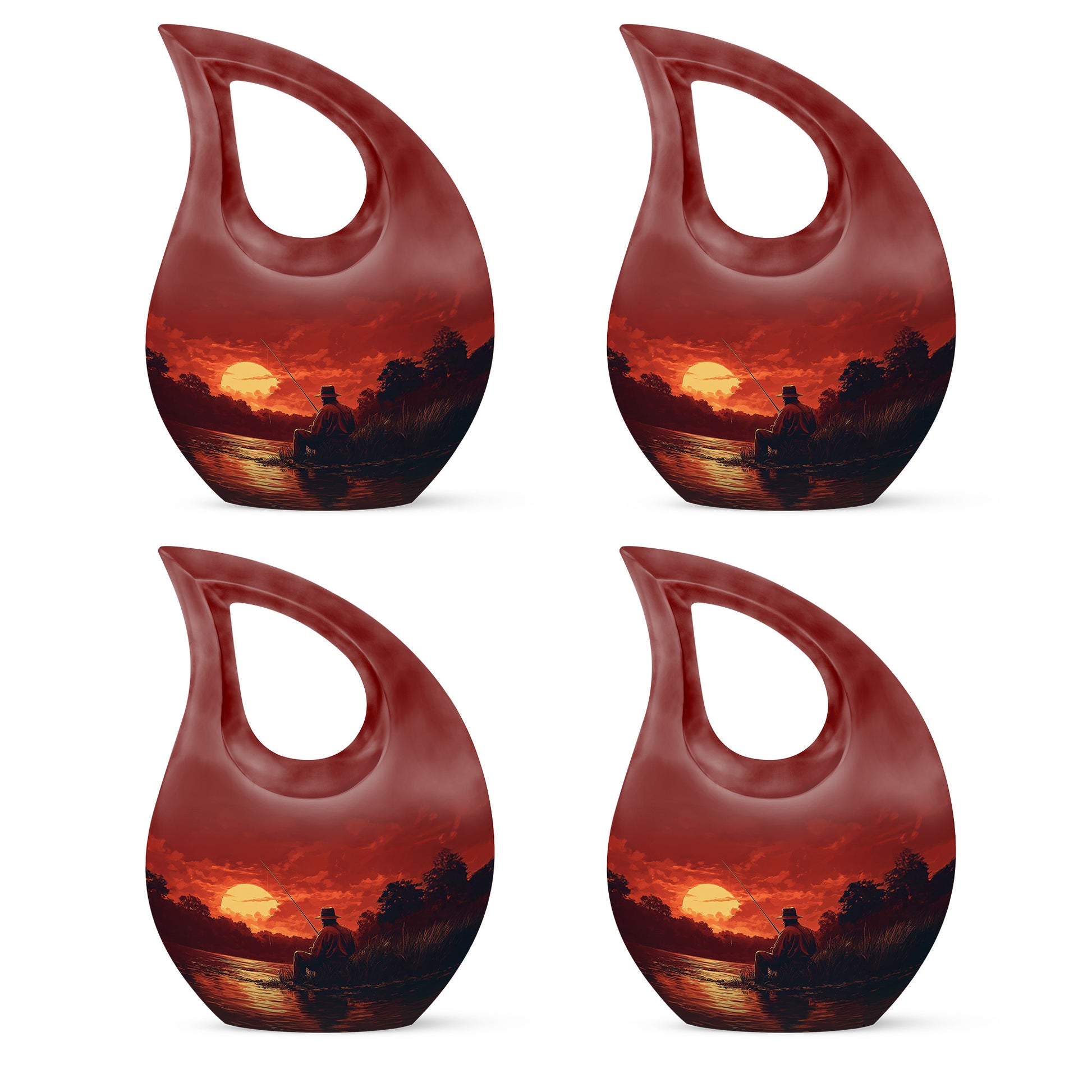 Deep Red Fishing Cremation Urn lifestyle display on memorial shelf - cross and fishing combined in spiritual memorial design - 10 inch aluminum urn for cremated remains