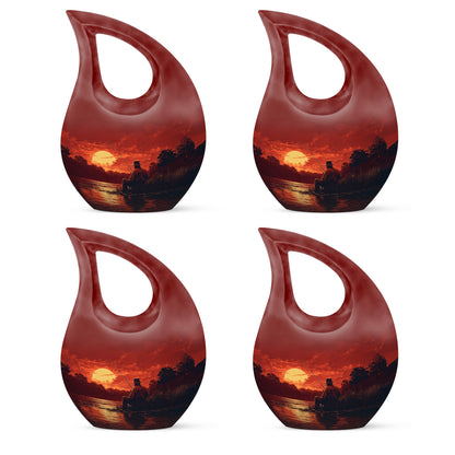 Deep Red Fishing Cremation Urn lifestyle display on memorial shelf - cross and fishing combined in spiritual memorial design - 10 inch aluminum urn for cremated remains