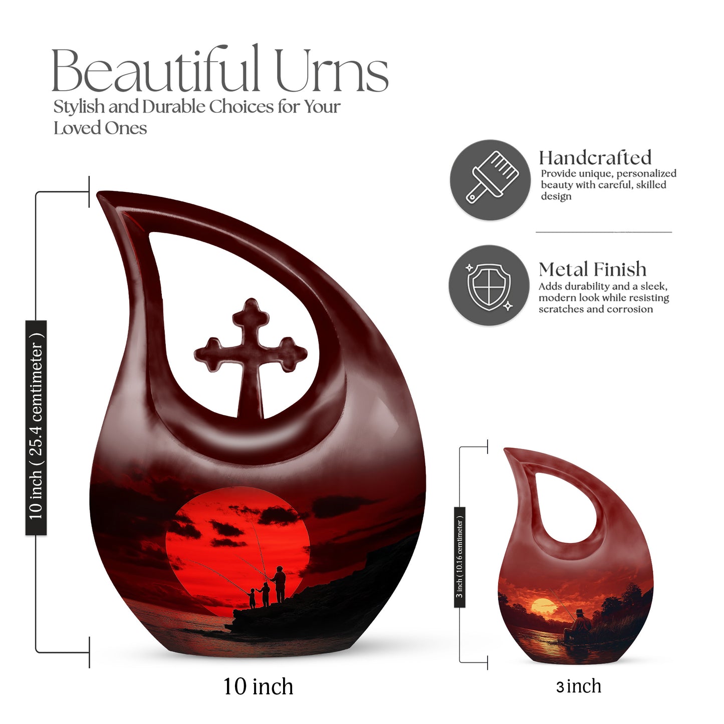 Crimson Red Fishing Cremation Urn back view with polished surface - cross and fishing combined in spiritual memorial design - mini keepsake memorial for portion of cremation ashes