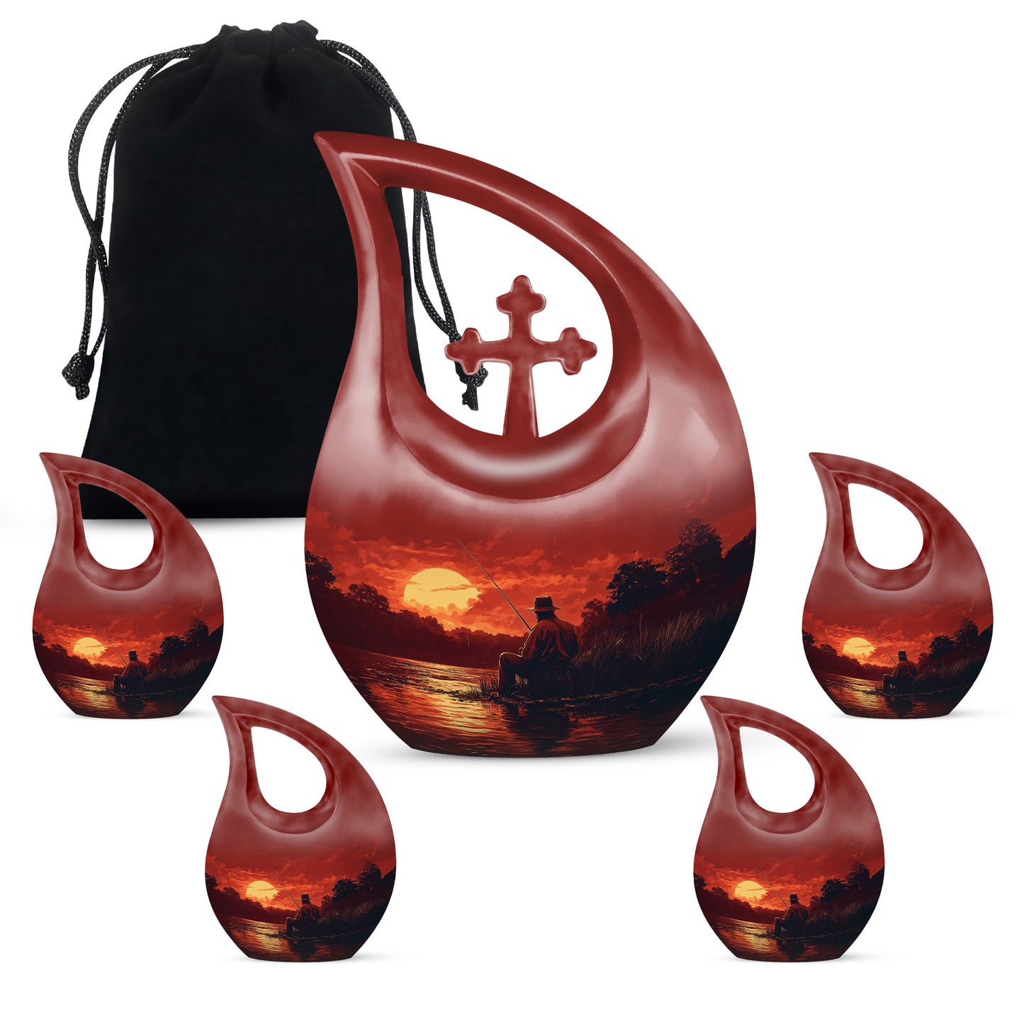Ruby Red Fishing Cremation Urn urn with complimentary velvet bag - devotional cross-drop fishing engraving - memorial set with one large and four small urns