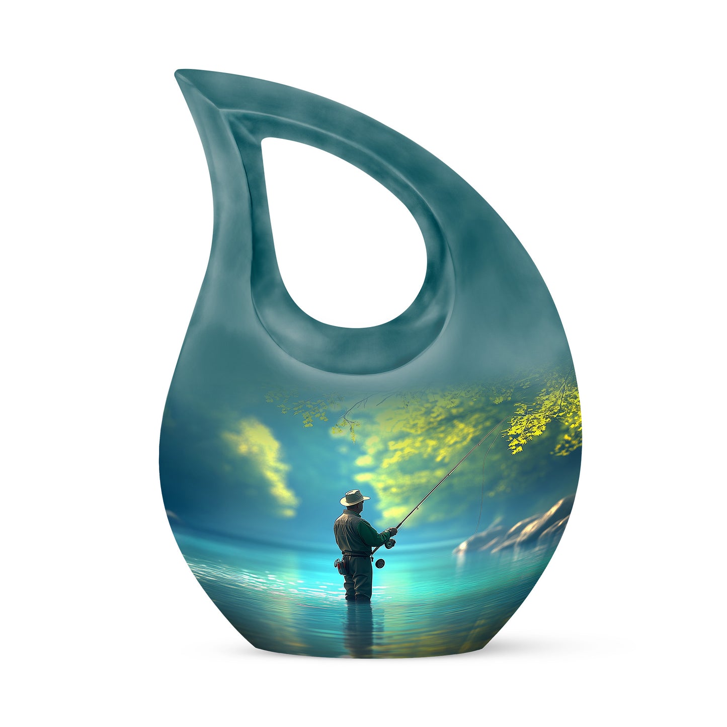 Teal Resounding Fishing Memorial Urn for Ashes - 10-inch, 200 cu in - Yatskia