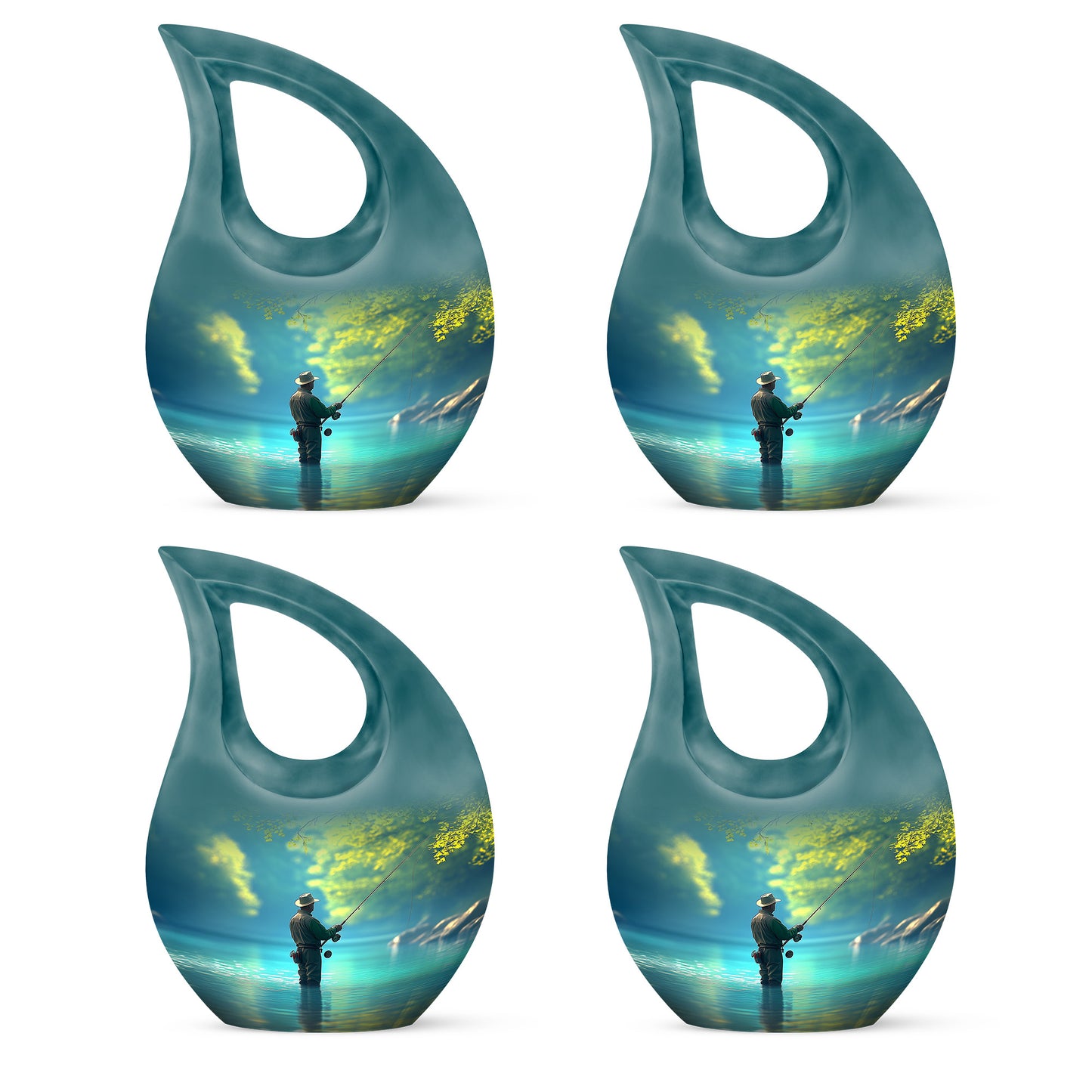Tropical Teal Fishing Cremation Urn lifestyle display on memorial shelf - devotional cross-drop fishing engraving - 10 inch aluminum urn for cremated remains