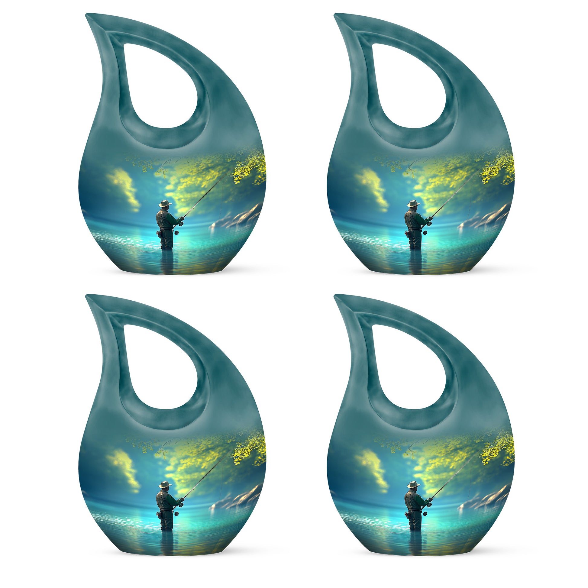 Tropical Teal Fishing Cremation Urn lifestyle display on memorial shelf - devotional cross-drop fishing engraving - 10 inch aluminum urn for cremated remains