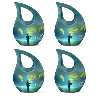 Tropical Teal Fishing Cremation Urn lifestyle display on memorial shelf - devotional cross-drop fishing engraving - 10 inch aluminum urn for cremated remains