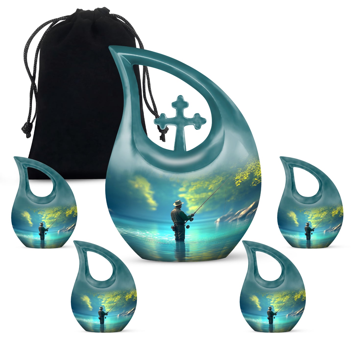 Aqua Teal Fishing Cremation Urn urn with complimentary velvet bag - faith-inspired cross-drop urn with fishing pattern - memorial set with one large and four small urns