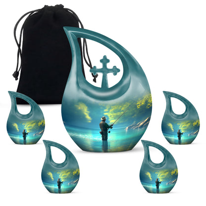 Aqua Teal Fishing Cremation Urn urn with complimentary velvet bag - faith-inspired cross-drop urn with fishing pattern - memorial set with one large and four small urns