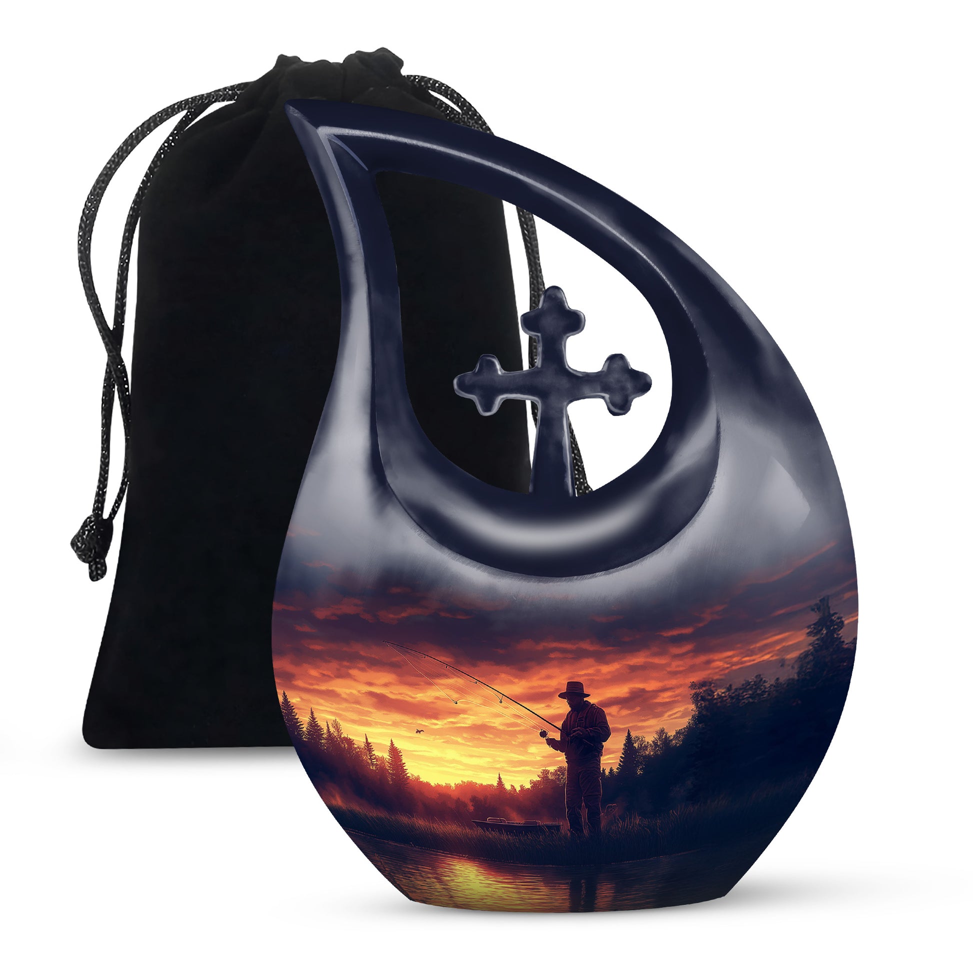 Majestic Purple Fishing Cremation Urn top-down view of secure threaded lid - cross and fishing combined in spiritual memorial design - full-size 10 inch 200 cubic inch adult cremation urn