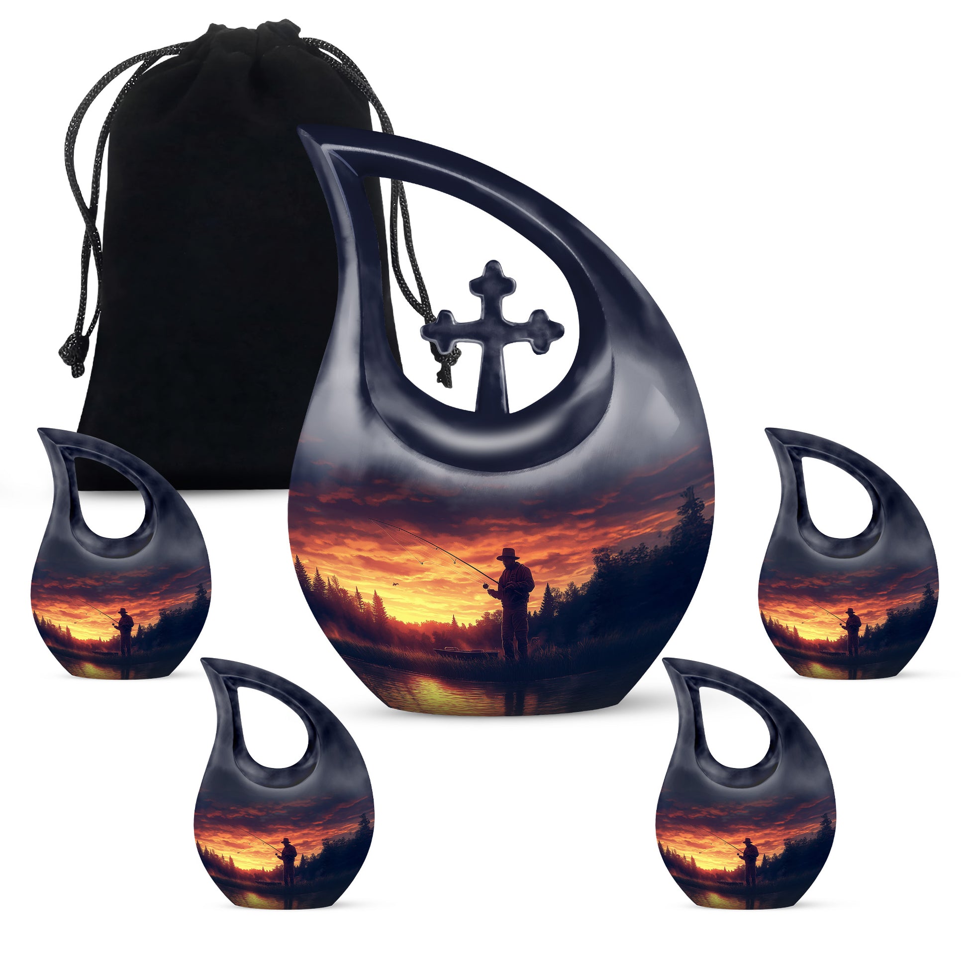 Grape Purple Fishing Cremation Urn urn with complimentary velvet bag - devotional cross-drop fishing engraving - memorial set with one large and four small urns