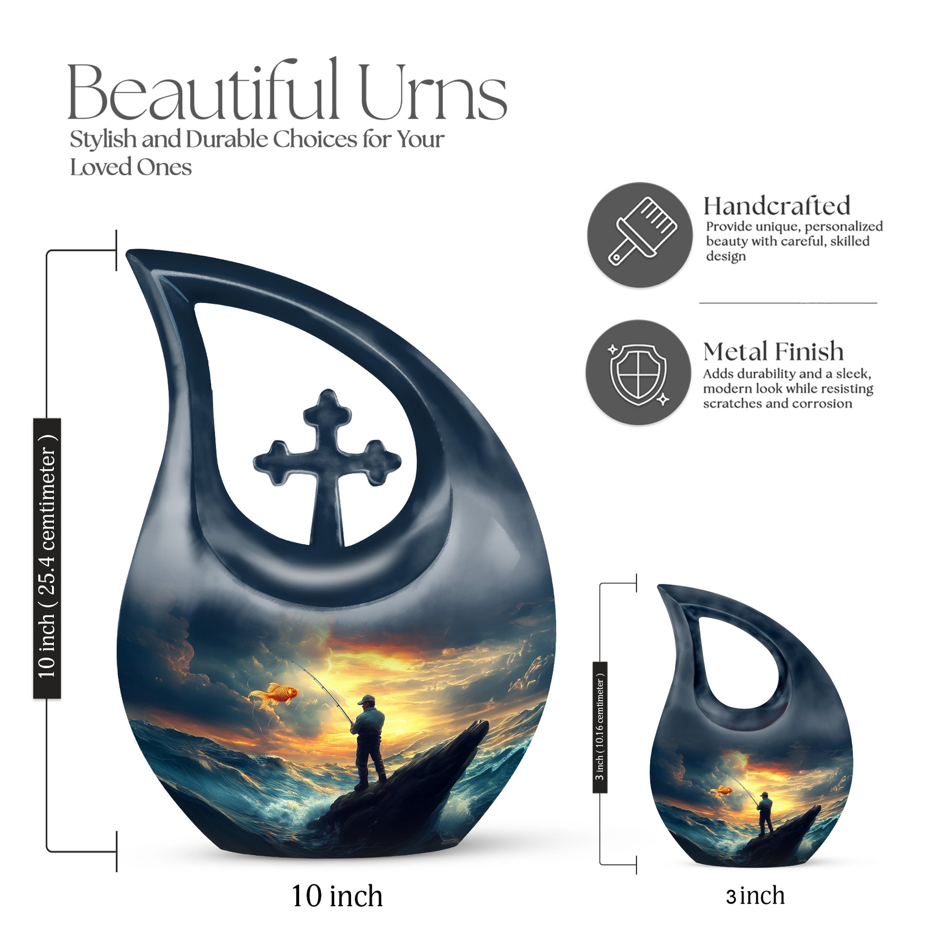 Sky Blue Fishing Cremation Urn back view with polished surface - cross and fishing combined in spiritual memorial design - mini keepsake memorial for portion of cremation ashes