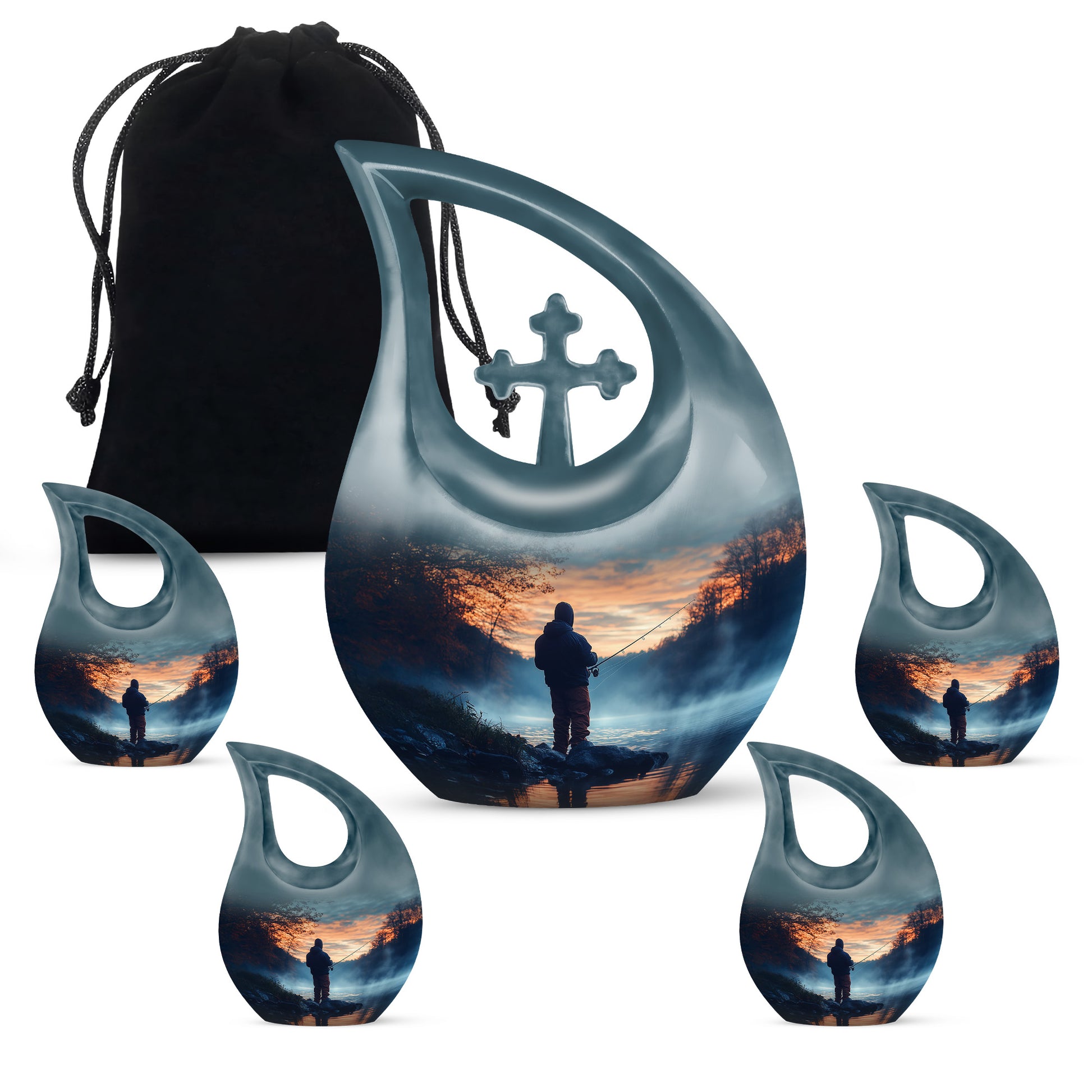 Steel Blue Fishing Cremation Urn urn with complimentary velvet bag - devotional cross-drop fishing engraving - memorial set with one large and four small urns