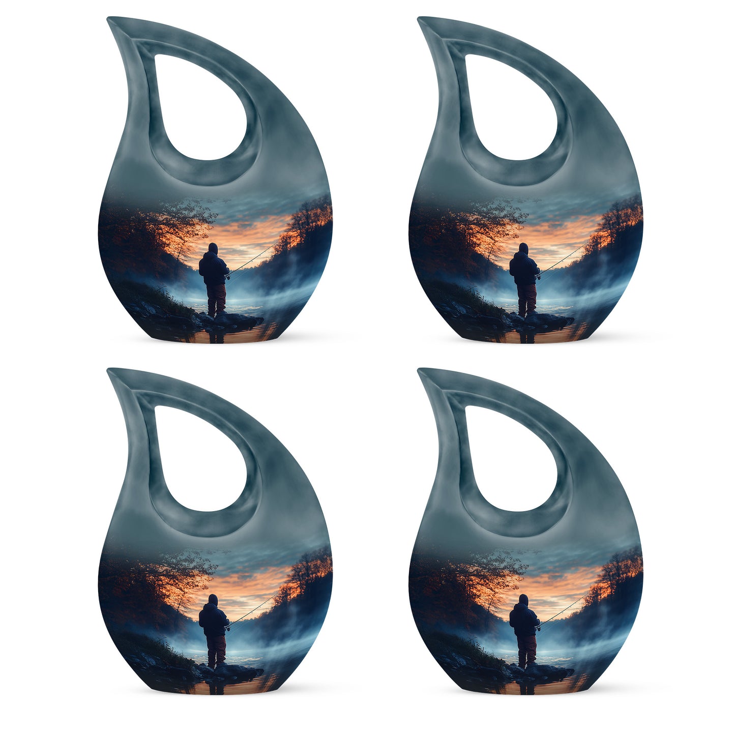 Powder Blue Fishing Cremation Urn lifestyle display on memorial shelf - cross and fishing combined in spiritual memorial design - 10 inch aluminum urn for cremated remains