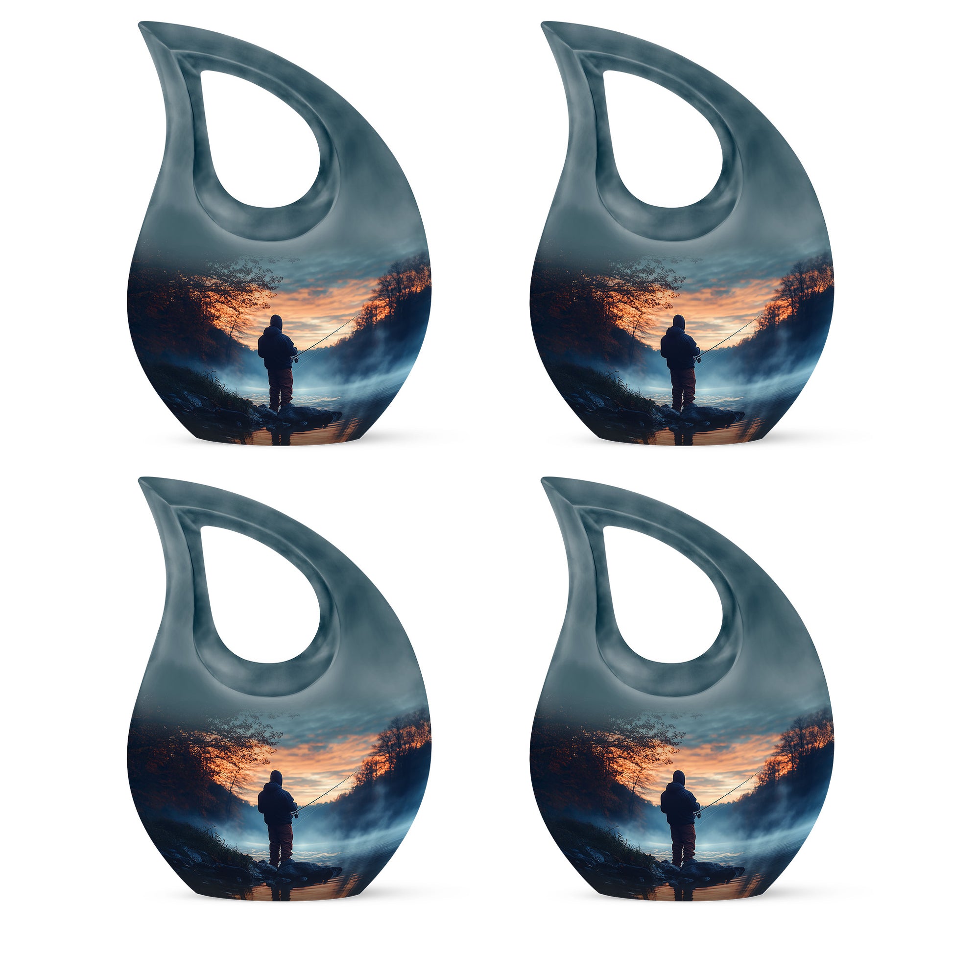 Powder Blue Fishing Cremation Urn lifestyle display on memorial shelf - cross and fishing combined in spiritual memorial design - 10 inch aluminum urn for cremated remains