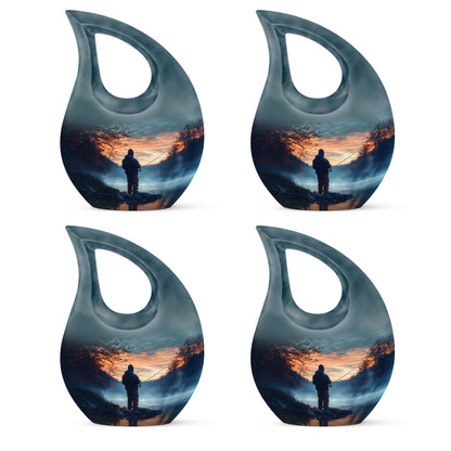 Powder Blue Fishing Cremation Urn lifestyle display on memorial shelf - cross and fishing combined in spiritual memorial design - 10 inch aluminum urn for cremated remains