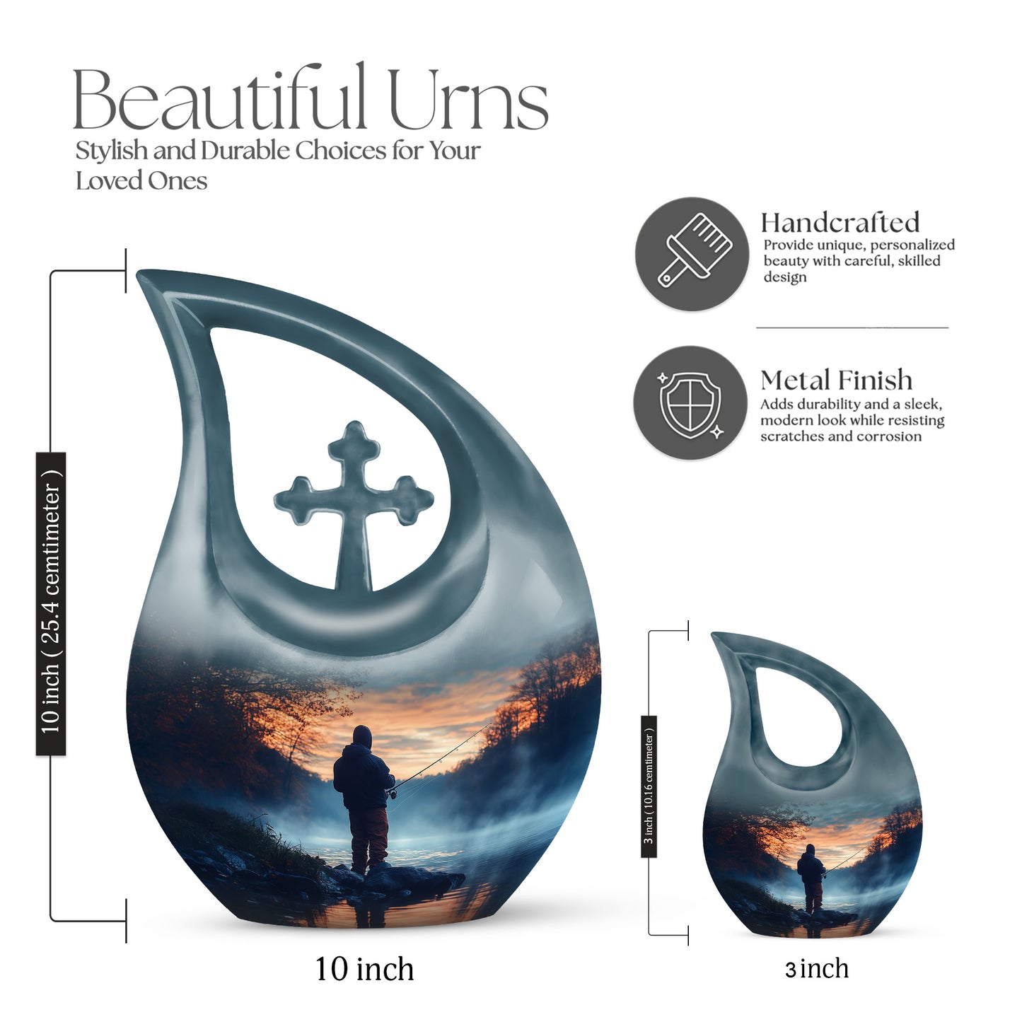 Powder Blue Fishing Cremation Urn back view with polished surface - sacred cross merged with fishing motif on metal - mini keepsake memorial for portion of cremation ashes