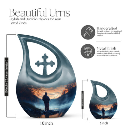 Powder Blue Fishing Cremation Urn back view with polished surface - sacred cross merged with fishing motif on metal - mini keepsake memorial for portion of cremation ashes