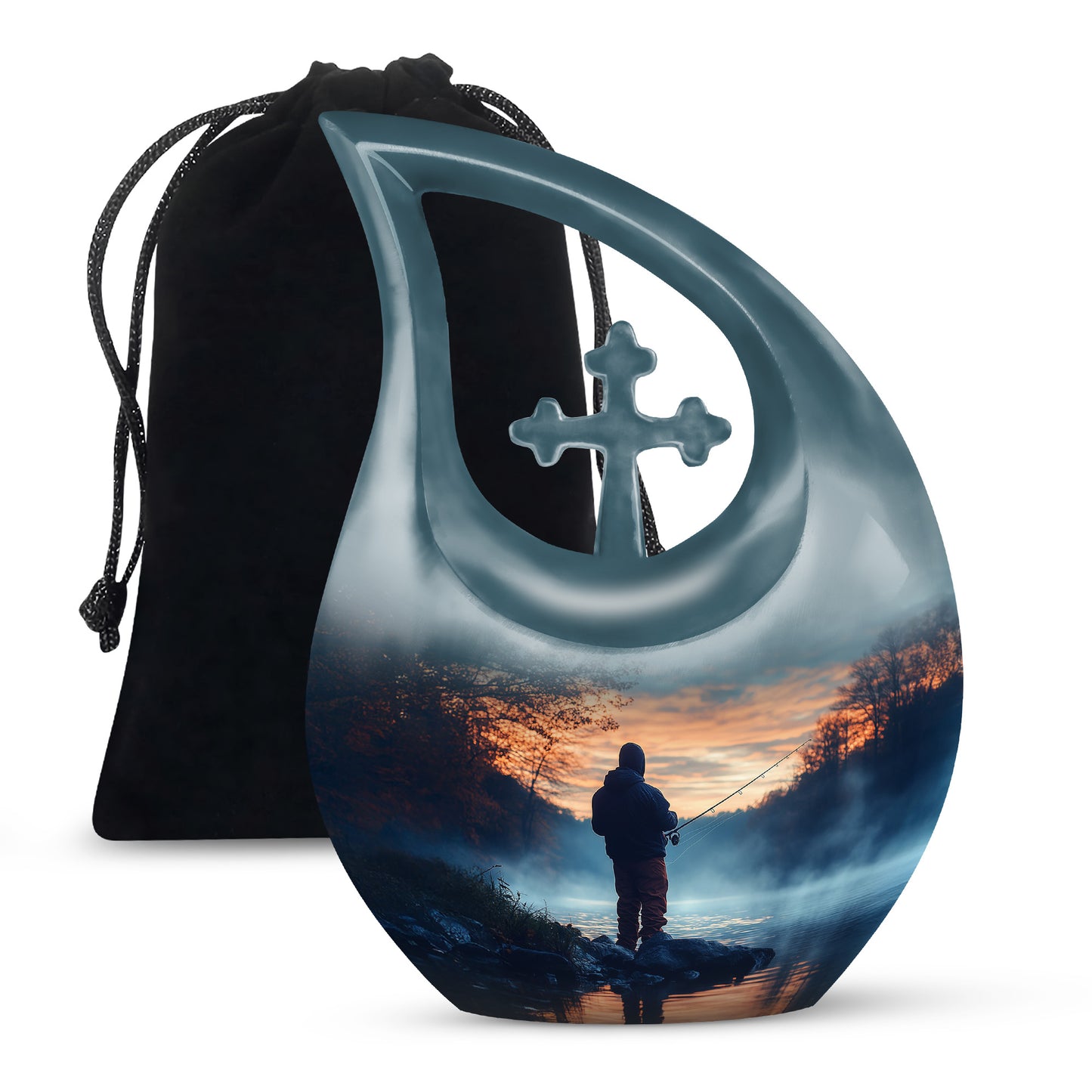 Sky Blue Fishing Cremation Urn top-down view of secure threaded lid - cross and fishing combined in spiritual memorial design - full-size 10 inch 200 cubic inch adult cremation urn