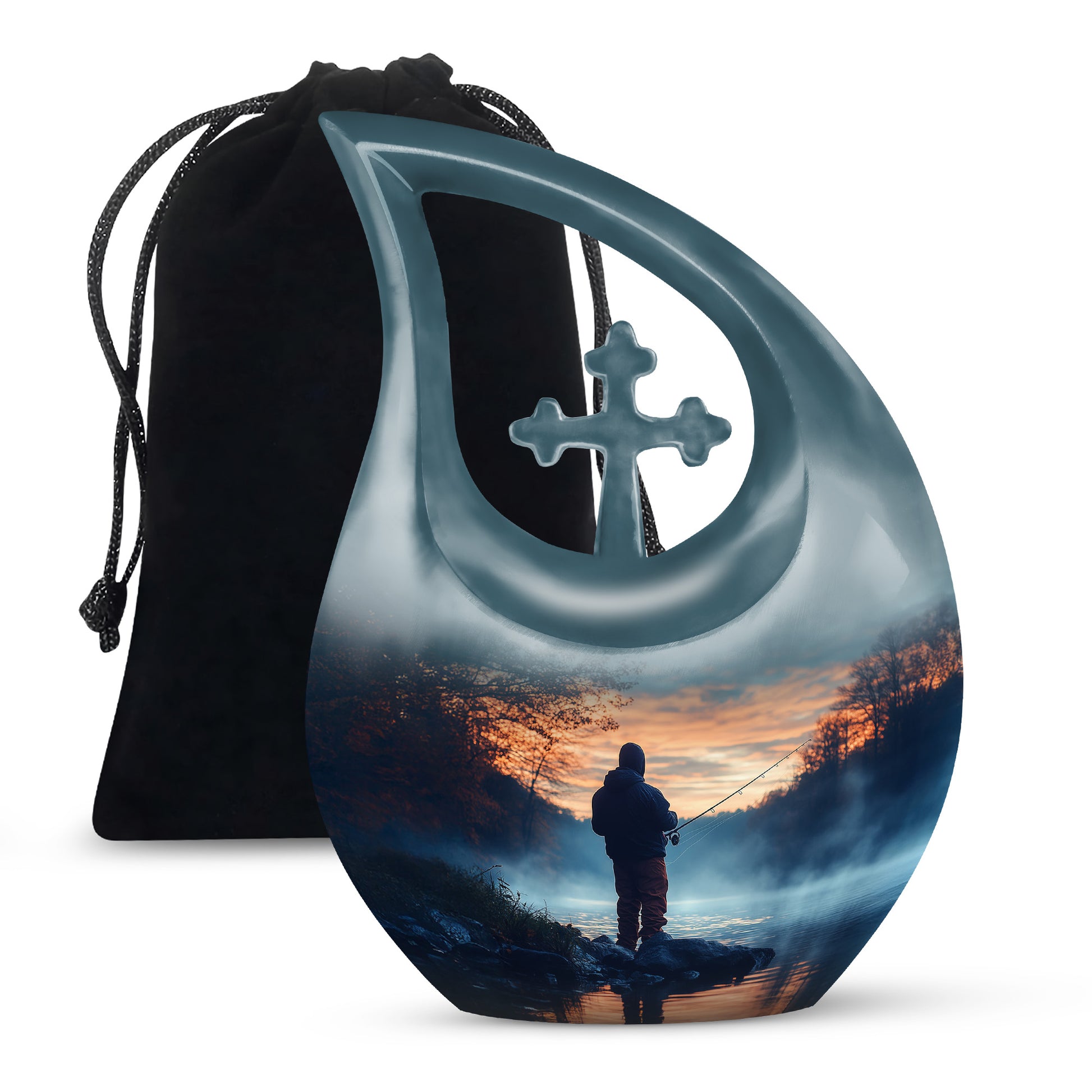Sky Blue Fishing Cremation Urn top-down view of secure threaded lid - cross and fishing combined in spiritual memorial design - full-size 10 inch 200 cubic inch adult cremation urn