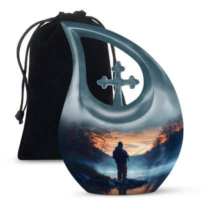 Sky Blue Fishing Cremation Urn top-down view of secure threaded lid - cross and fishing combined in spiritual memorial design - full-size 10 inch 200 cubic inch adult cremation urn