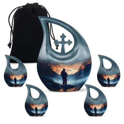 Navy Blue Fishing Cremation Urn urn with complimentary velvet bag - sacred cross merged with fishing motif on metal - memorial set with one large and four small urns