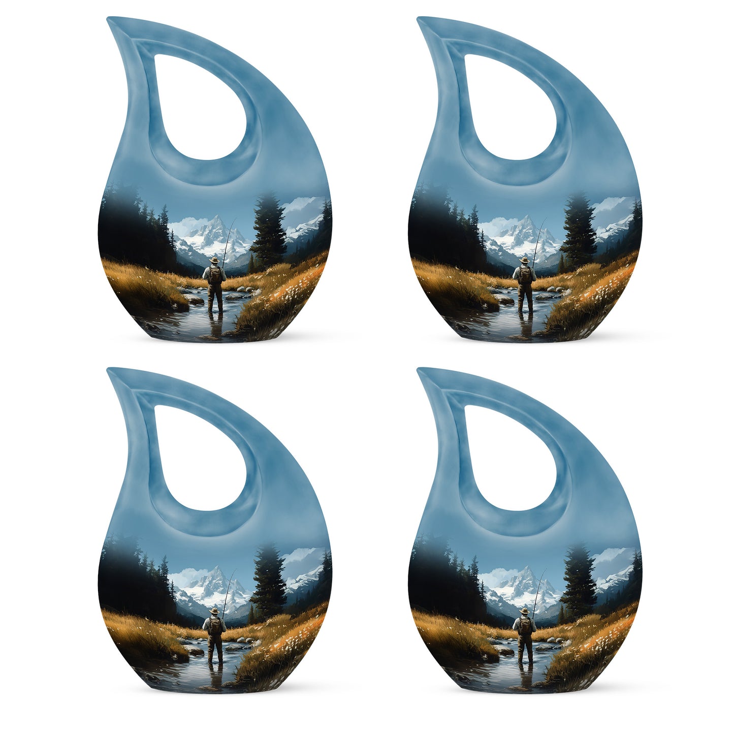 Azure Fishing Cremation Urn lifestyle display on memorial shelf - cross and fishing combined in spiritual memorial design - 10 inch aluminum urn for cremated remains