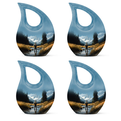 Azure Fishing Cremation Urn lifestyle display on memorial shelf - cross and fishing combined in spiritual memorial design - 10 inch aluminum urn for cremated remains