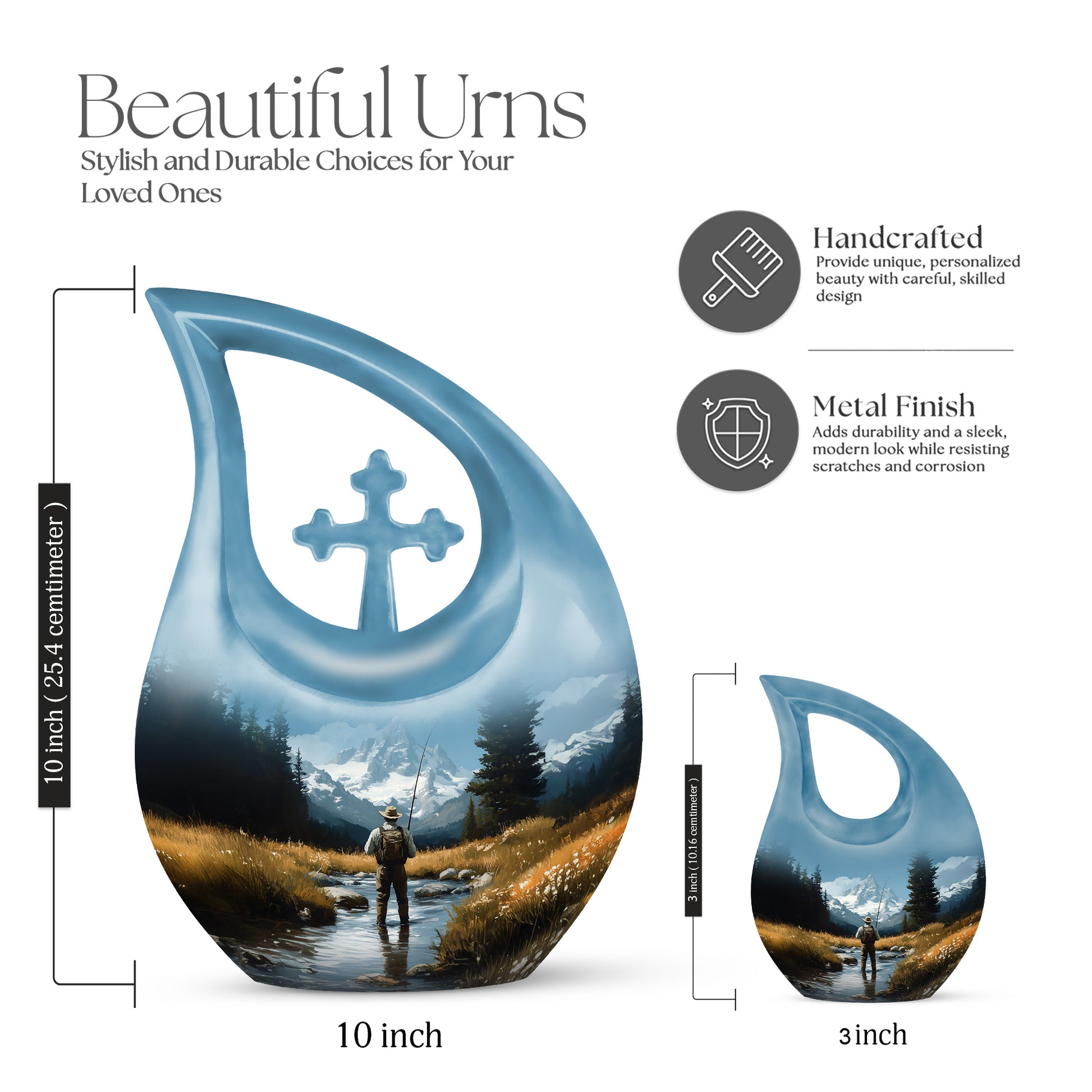 Cornflower Blue Fishing Cremation Urn back view with polished surface - faith-inspired cross-drop urn with fishing pattern - mini keepsake memorial for portion of cremation ashes