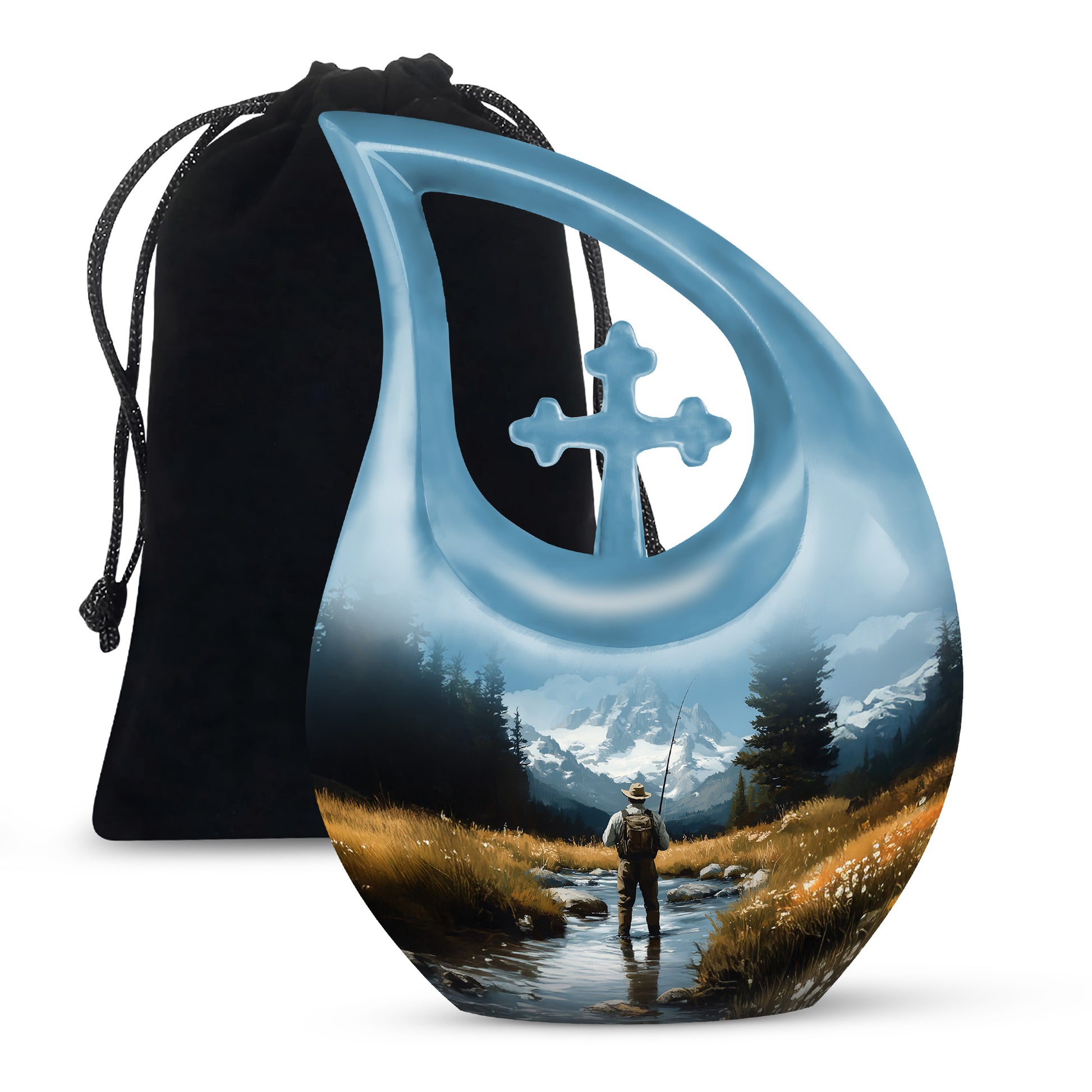 Icy Blue Fishing Cremation Urn top-down view of secure threaded lid - sacred cross merged with fishing motif on metal - full-size 10 inch 200 cubic inch adult cremation urn