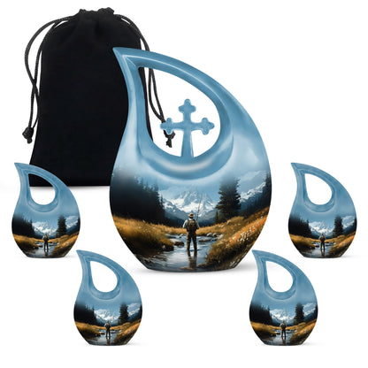 Serene Blue Fishing Cremation Urn urn with complimentary velvet bag - devotional cross-drop fishing engraving - memorial set with one large and four small urns