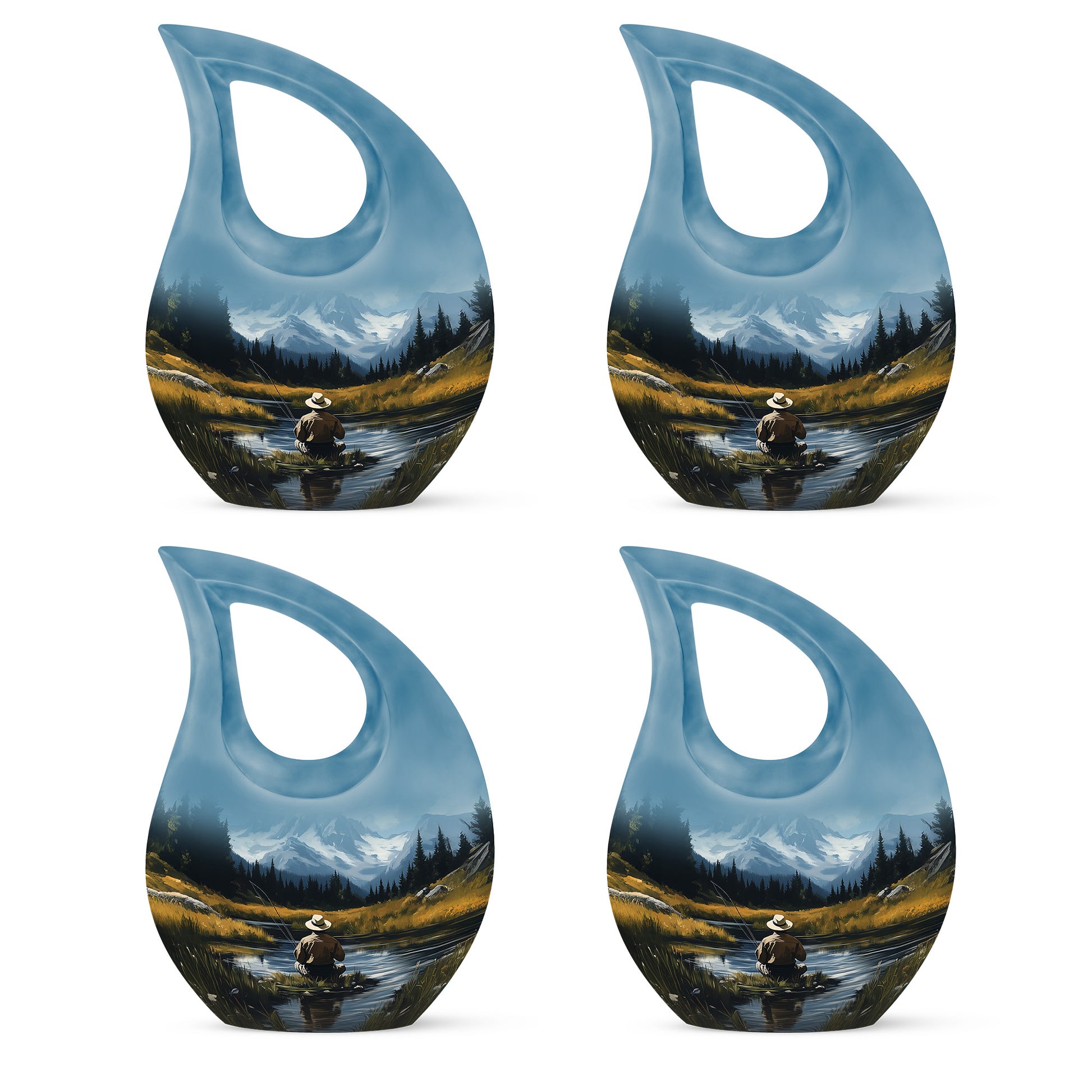 Cornflower Blue Fishing Cremation Urn lifestyle display on memorial shelf - devotional cross-drop fishing engraving - 10 inch aluminum urn for cremated remains